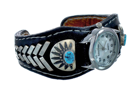 Navajo Turquoise Authentic Sterling Silver Leather Cuff Watch NN20303